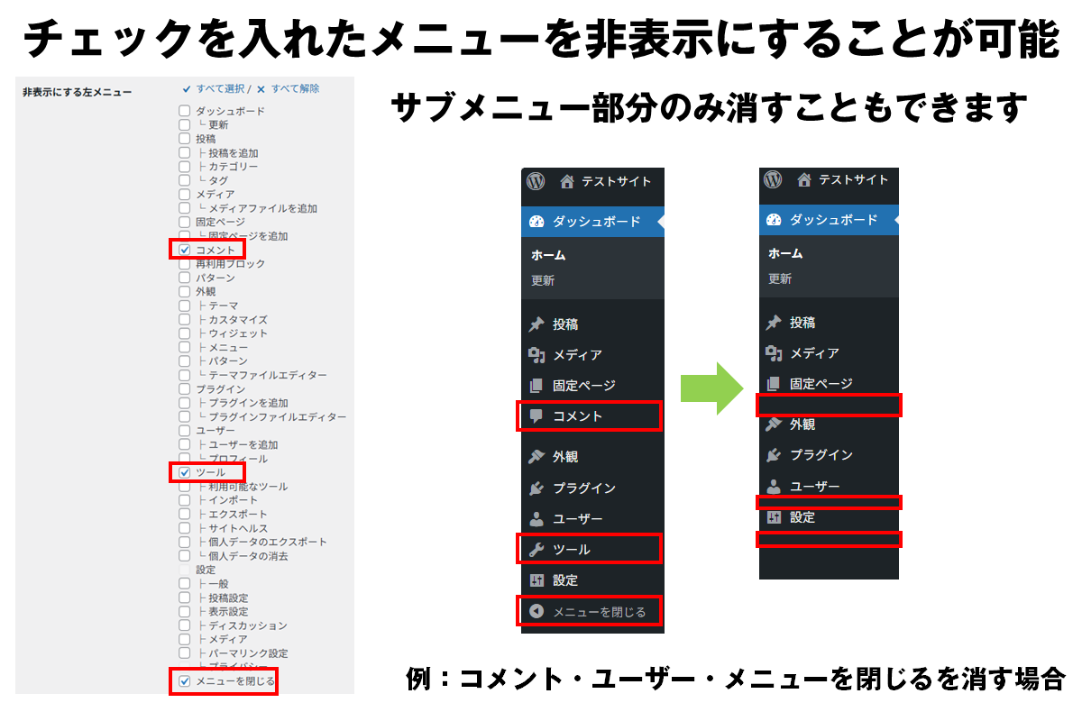 非表示にする左メニュー
