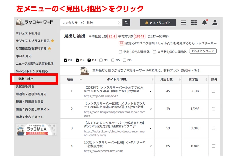 競合調査機能:上位20記事の見出しを抽出
